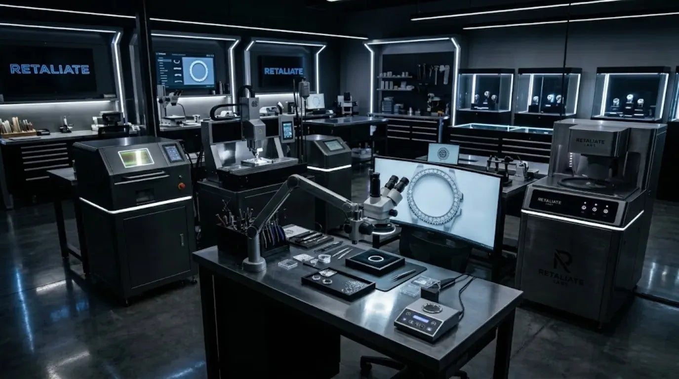 Retaliate Studio Sketch where Iced Out Gshocks and Gshock Mods are made. VVS1 Stones are handset in this location into 925 Silver Bezels