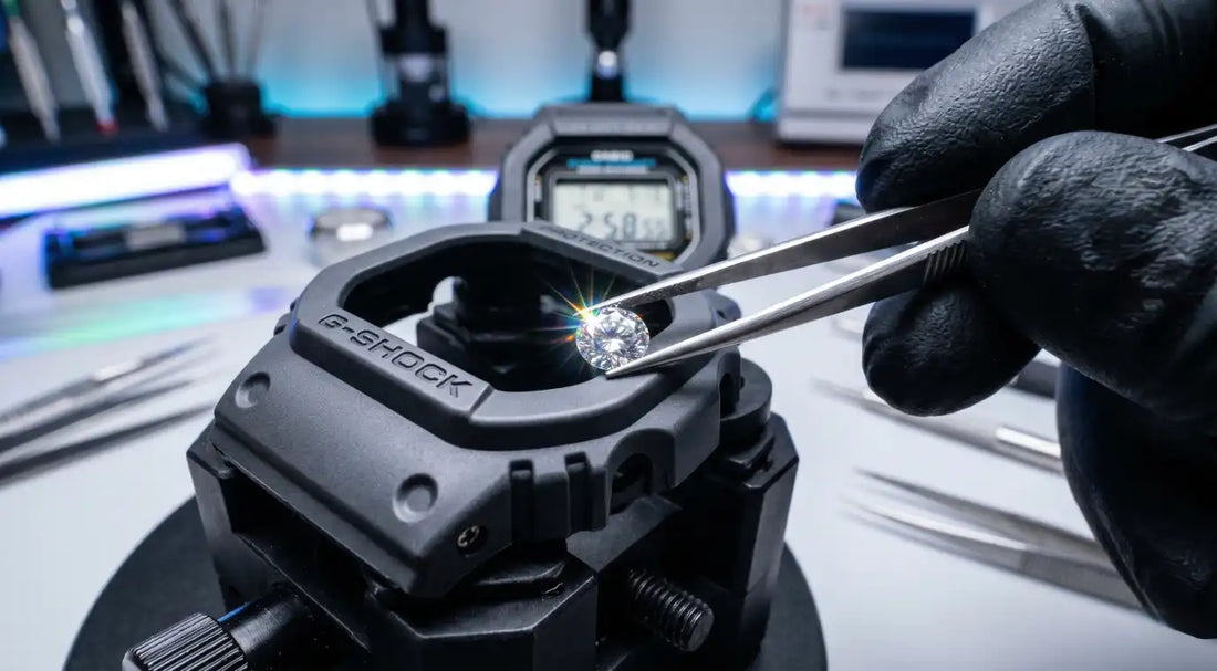 Image of a Large Glistening VVS1 Diamond Stone being held above the Bezel of a Gshock with a pair of Silver Tweezers. 