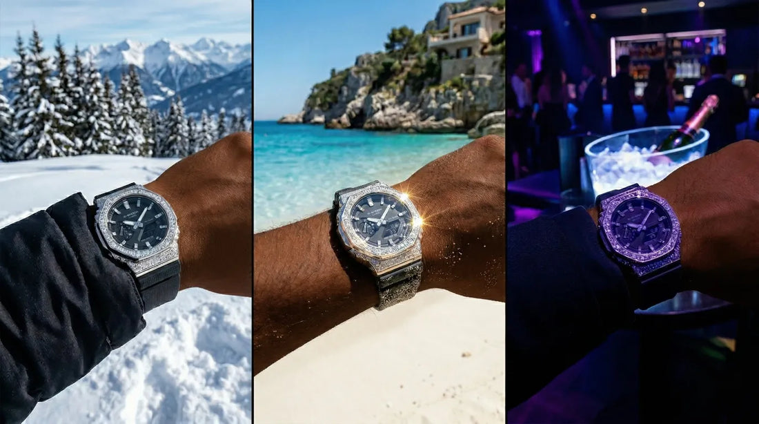 Using an Iced Out Gshock made by Retaliate anywhere. Using this Diamond Gshock in the snow on the beach and in the club