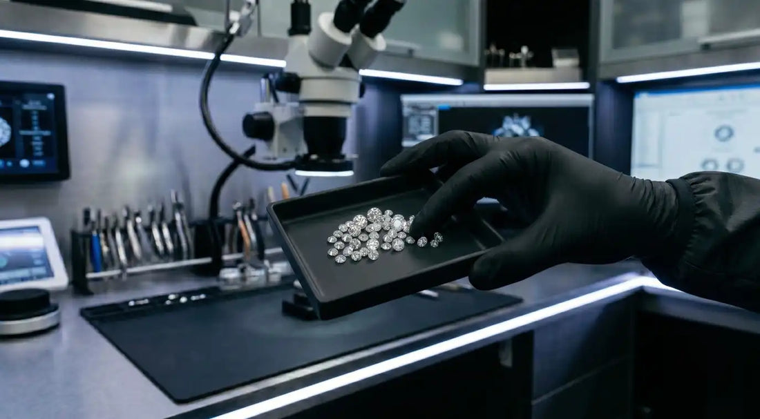 A Jeweller holding a black plate full of VVS Clarity Stones preparing for the Stone Setting Process in a Retaliate Jewellery Studio