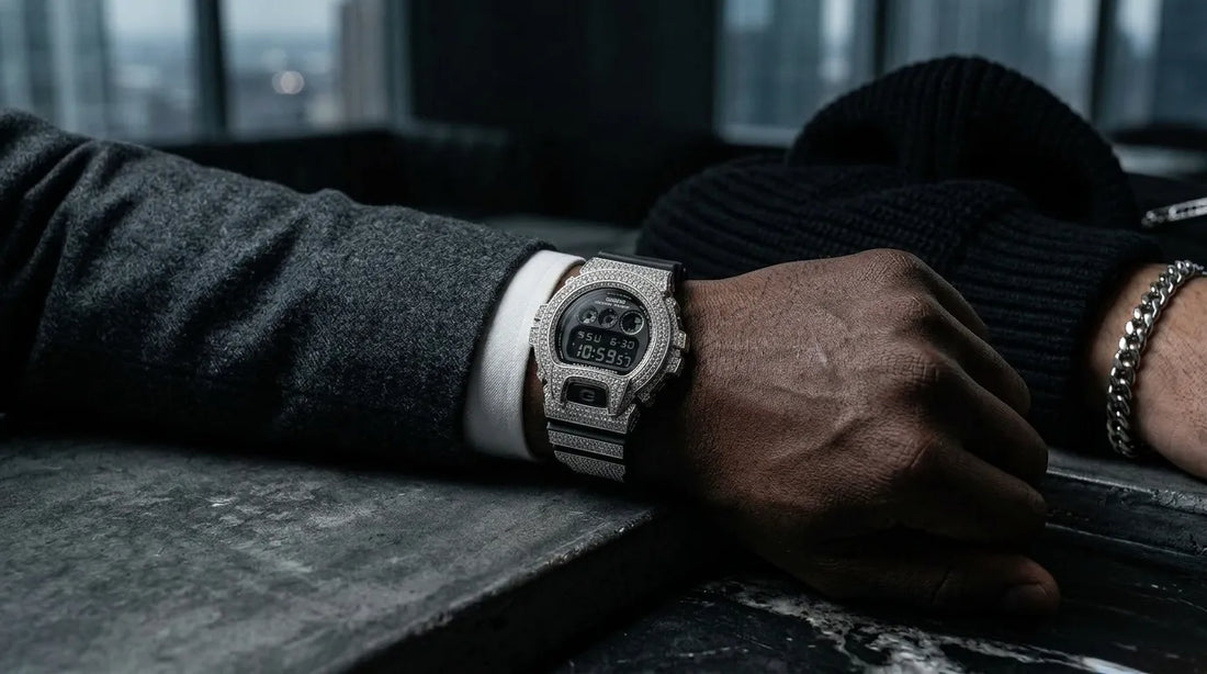 Retaliate DW6900 Iced Out Gshock Mod modification with VVS1 clarity stones and a 925 sterling silver bezel worn with a classy suit.