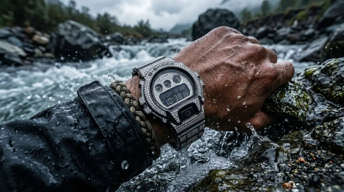 A Retaliate Buitl Iced Out Gshock being used in a River Gushing with Water, showing the true Durability of Retaliate Built Iced Out Gshock Mods.