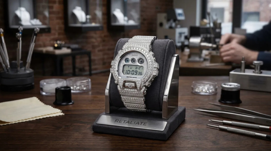 An Iced Out Gshock DW6900 made by Retaliate displayed in a High End Jewellery Showroom on a Retaliate Watch Stand