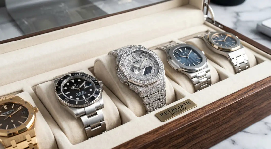 A Watch Collection with Rolex, Patek and a Retaliate Iced Out Gshock in a prestigious Wooden Watch Collection Box.