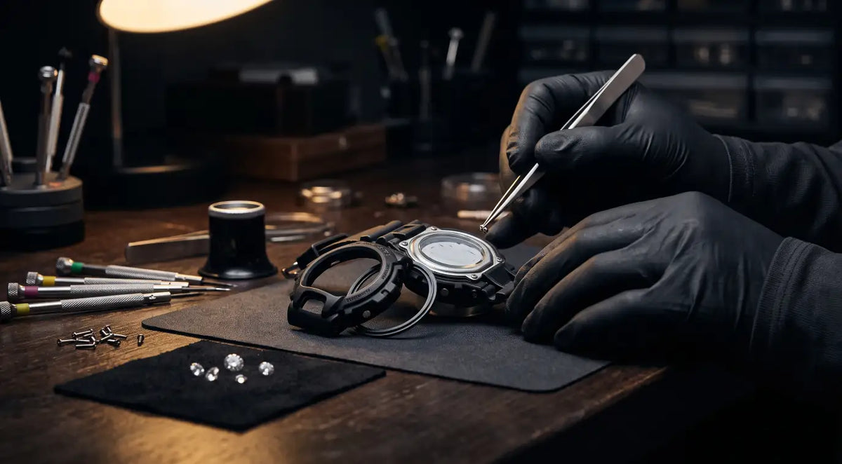 A Casio G-Shock DW6900 is carefully disassembled on a jeweller's workbench, with the bezel removed ahead of hand-setting GRA certified VVS1 moissanite stones into a 925 sterling silver bezel by Retaliate.