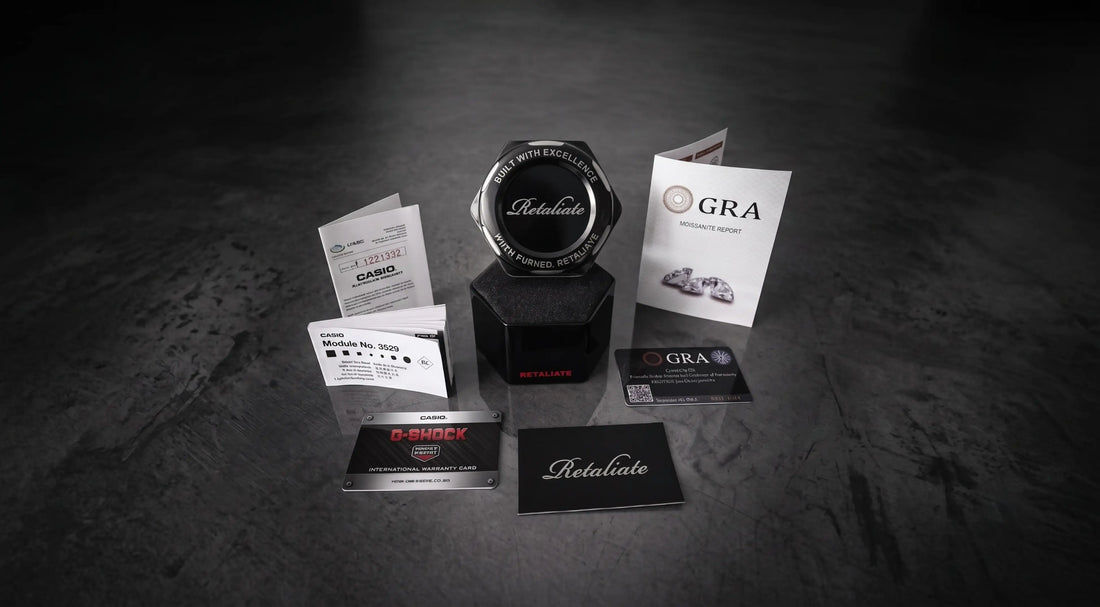 Retaliate custom G-Shock unboxing: branded tin, GRA moissanite certificate, Casio warranty card and authenticity card