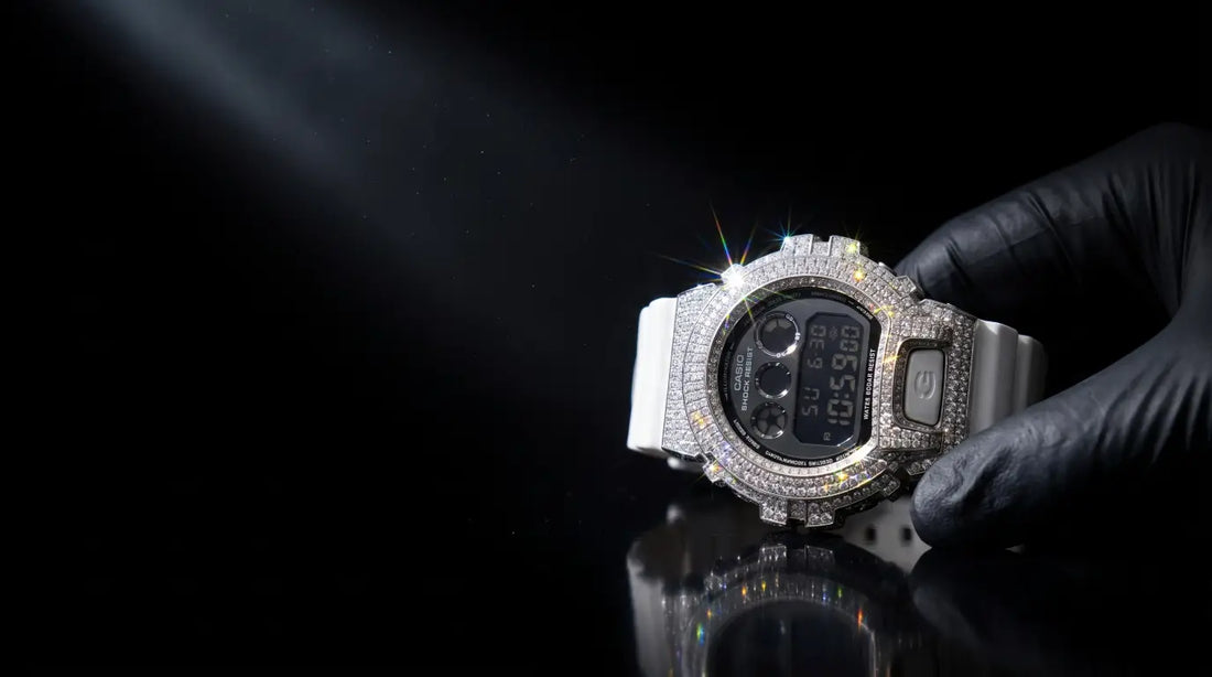 Retaliate iced out G-Shock with GRA certified VVS1 moissanite stones, custom 925 sterling silver bezel on a Casio DW6900