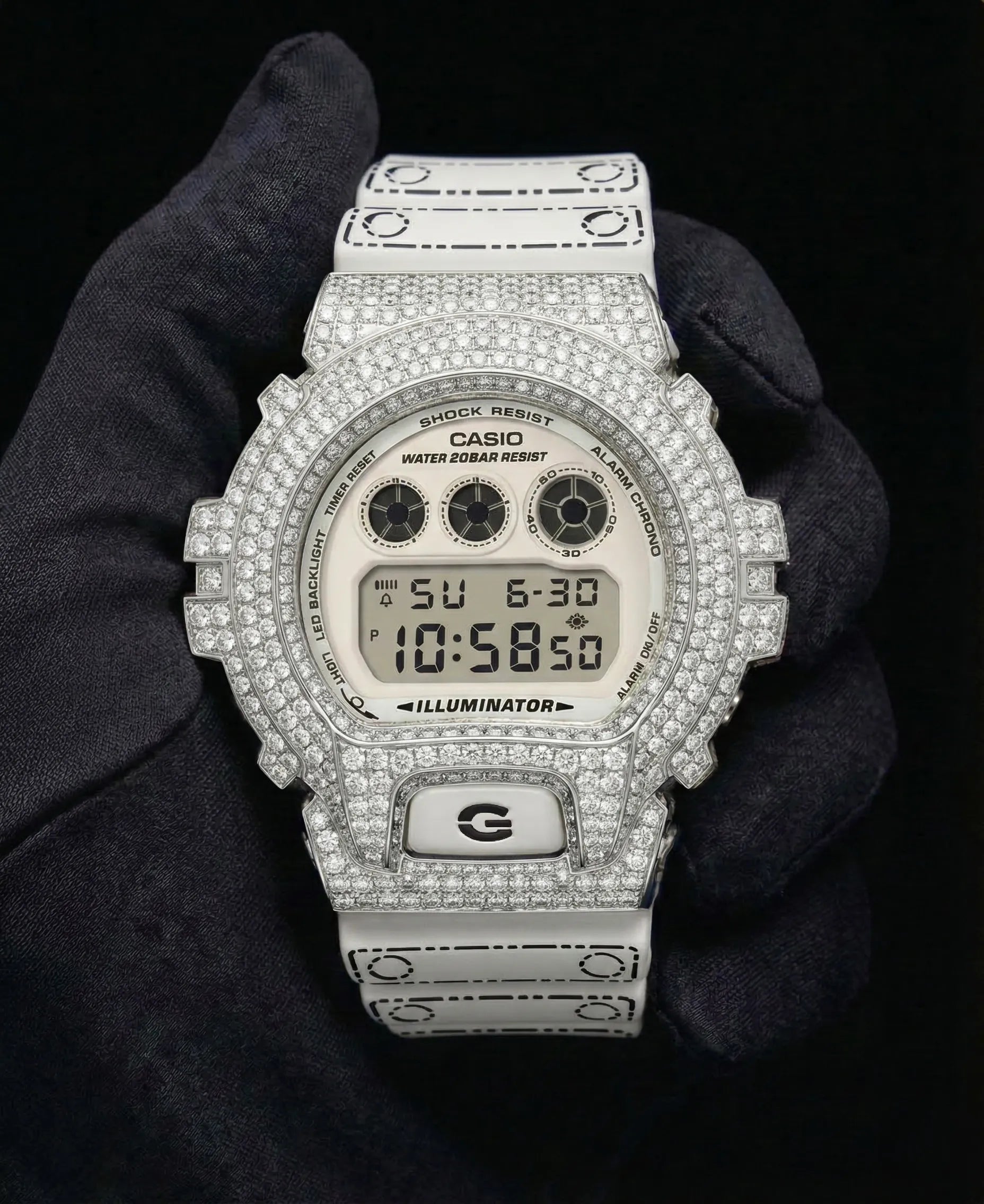 Retaliate Gshock mod iced out with vvs1 diamond bezel in white and black, origami edition, front view