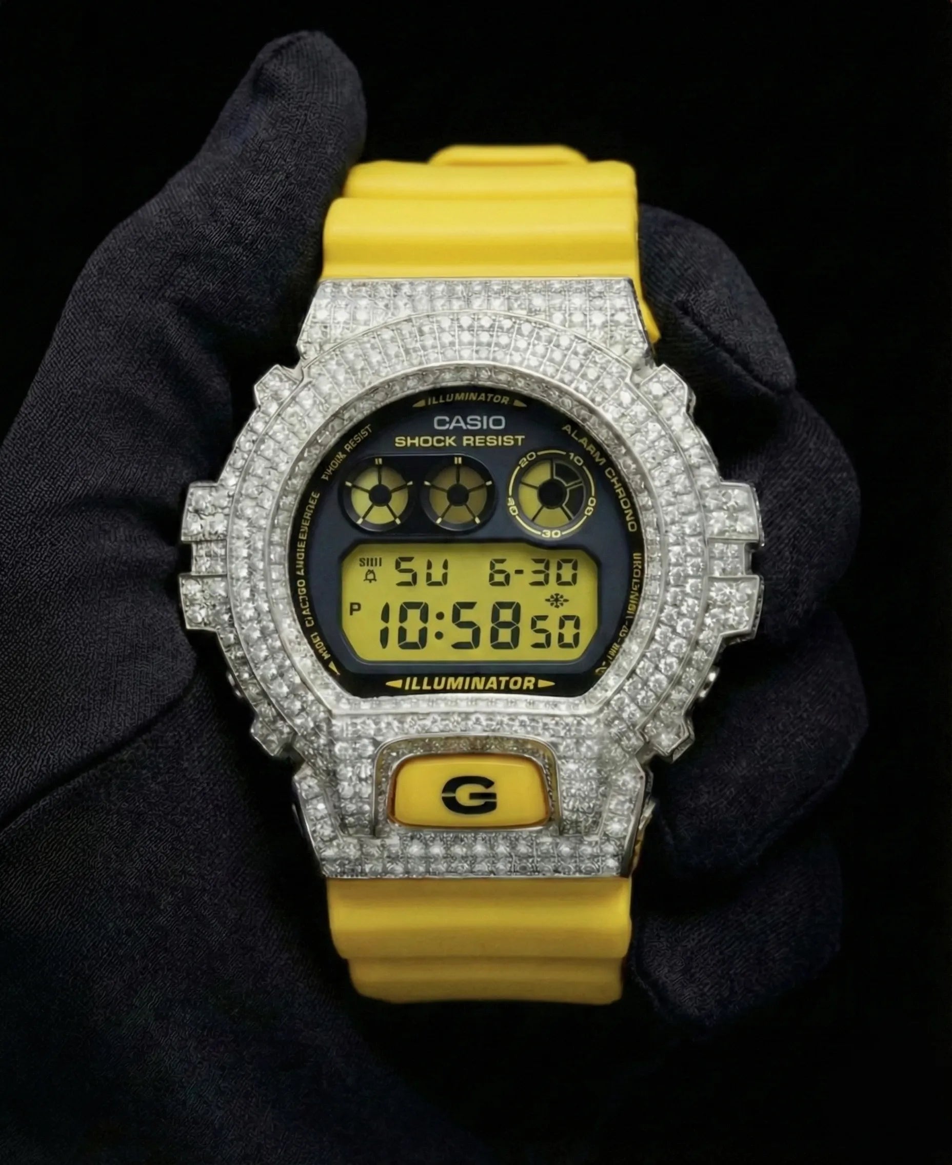 Retaliate iced out gshock watch mod with yellow band and vvs1 diamond-studded bezel, front view