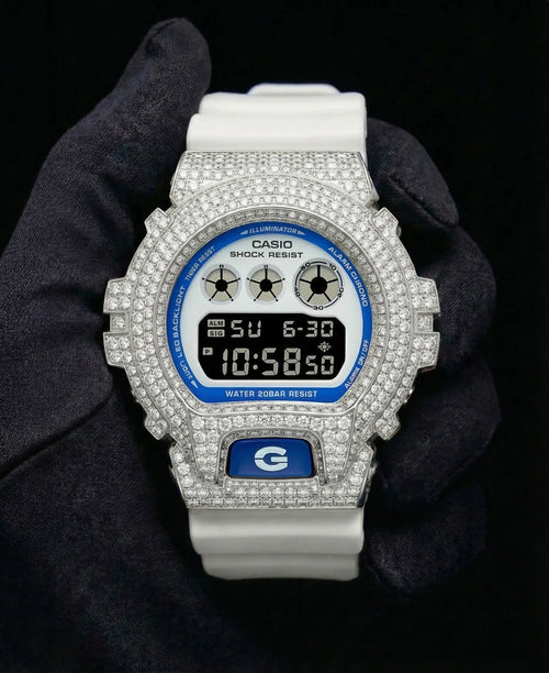 Retaliate Diamond gshock mod iced out with vvs1 stones in white with blue and black details, front view