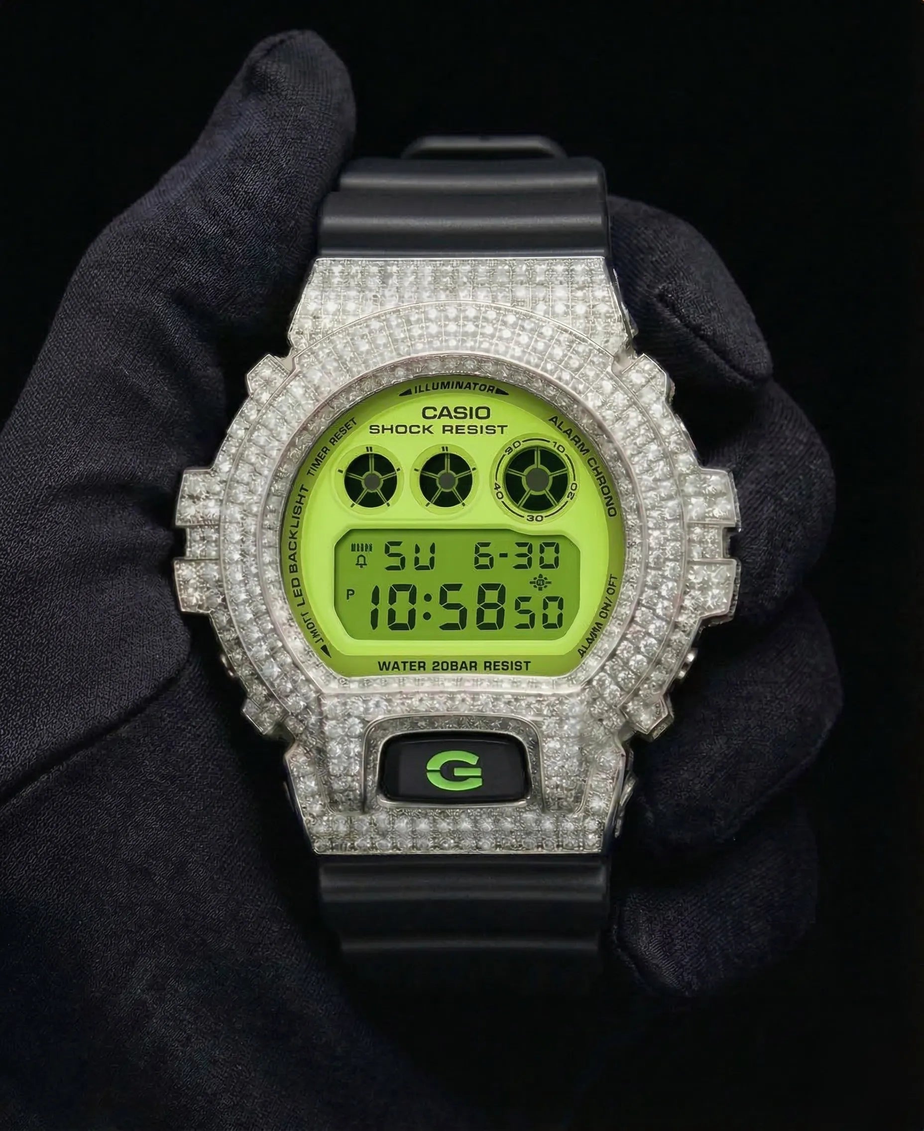 Retaliate Gshock mod iced out with vvs1 diamond bezel in black and green, custom build, front view