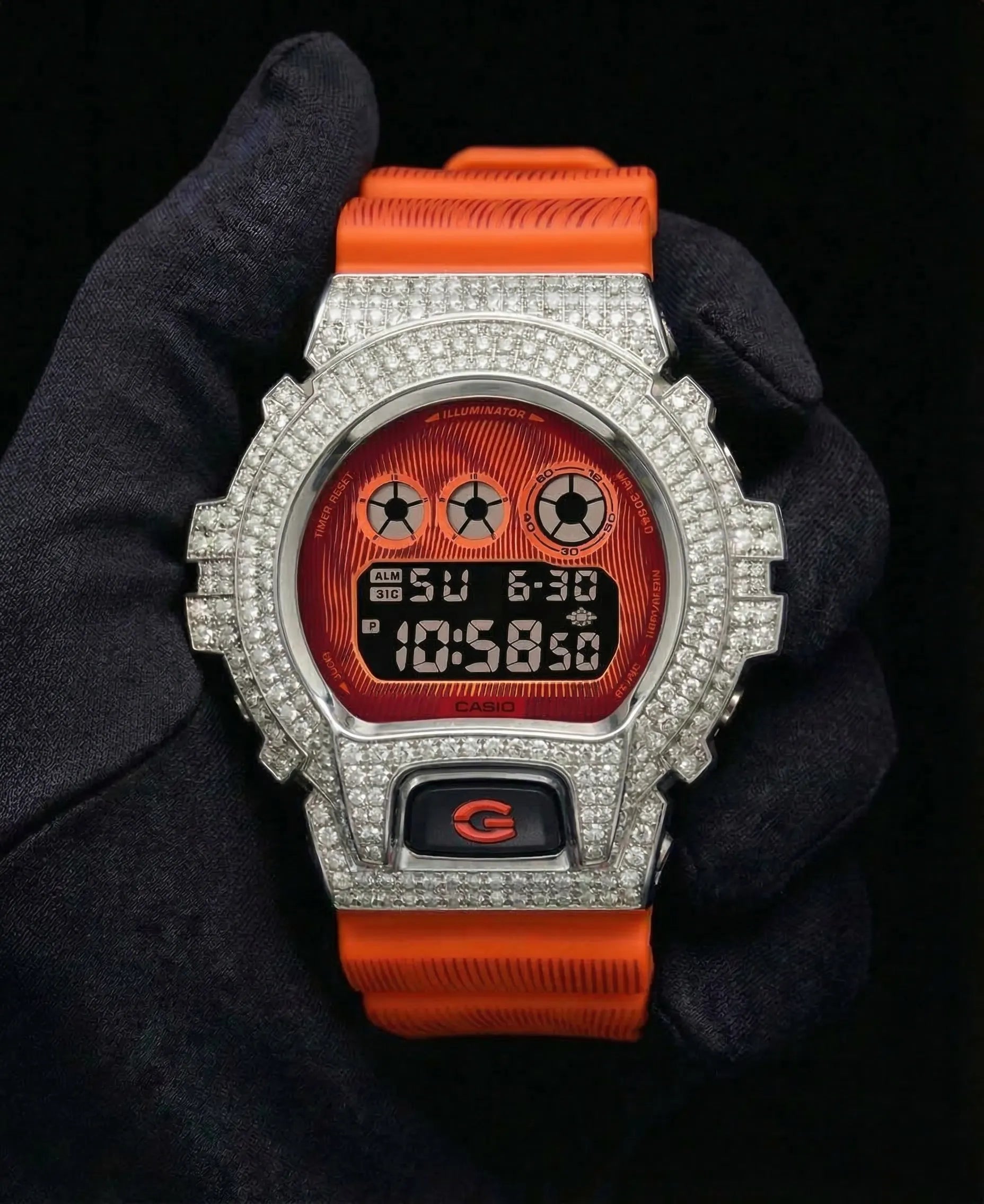 Retaliate iced out gshock watch mod orange and black band, vvs1 diamond-studded bezel, front view