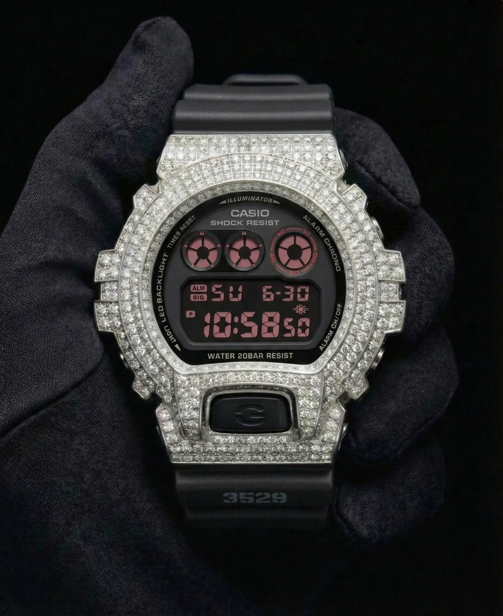 Retaliate Diamond gshock mod iced out with vvs1 stones in black with red details, front view