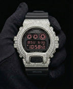 Retaliate Diamond gshock mod iced out with vvs1 stones in black with red details, front view