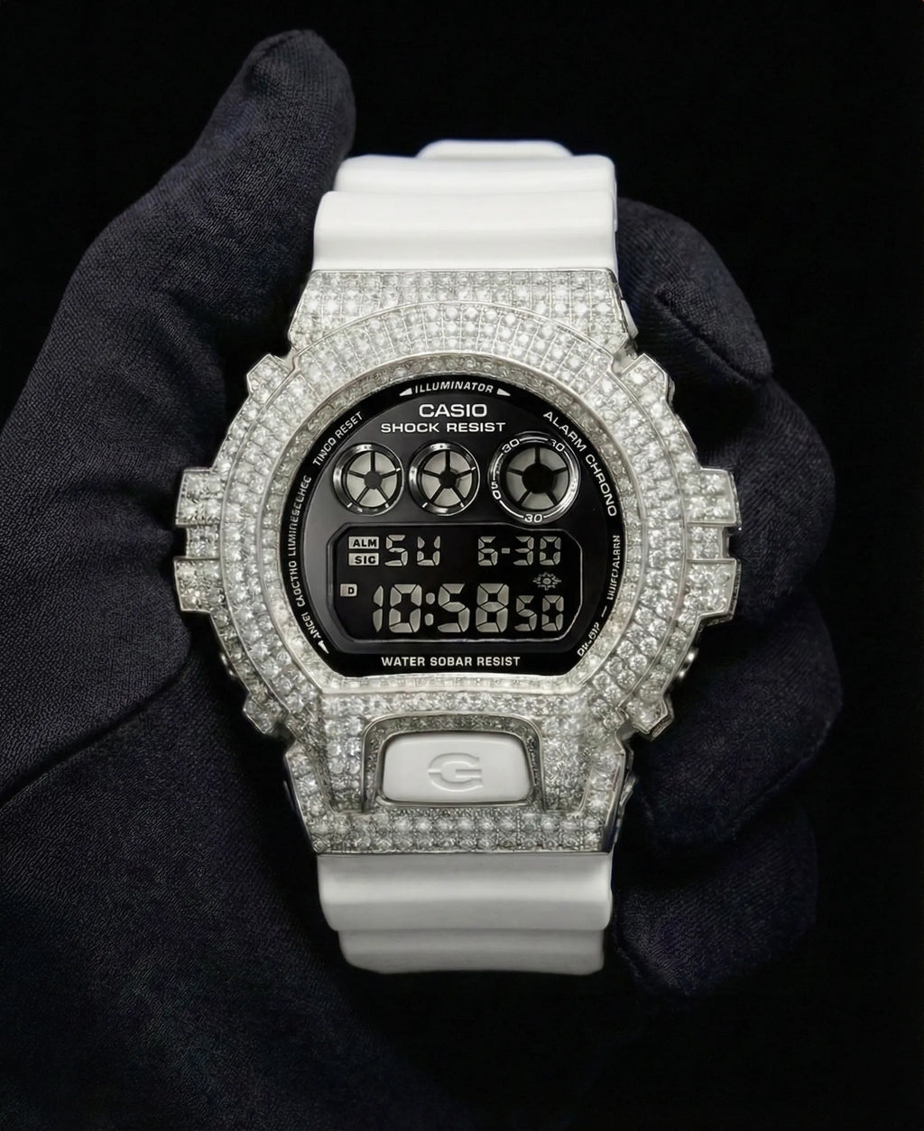 Retaliate iced out gshock watch mod white and black band, vvs1 diamond-studded bezel, front view