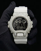 Retaliate iced out gshock watch mod white and black band, vvs1 diamond-studded bezel, front view