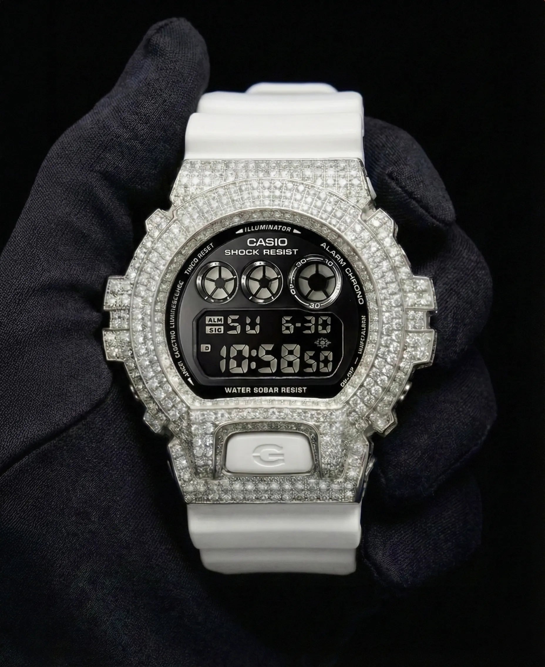 Retaliate iced out gshock watch mod white and black band, vvs1 diamond-studded bezel, front view