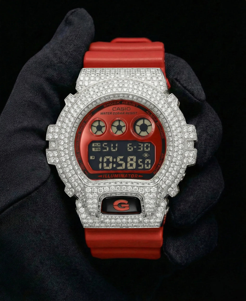 Retaliate Gshock mod iced out with vvs1 diamond bezel in red, custom build, front view