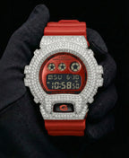 Retaliate Gshock mod iced out with vvs1 diamond bezel in red, custom build, front view