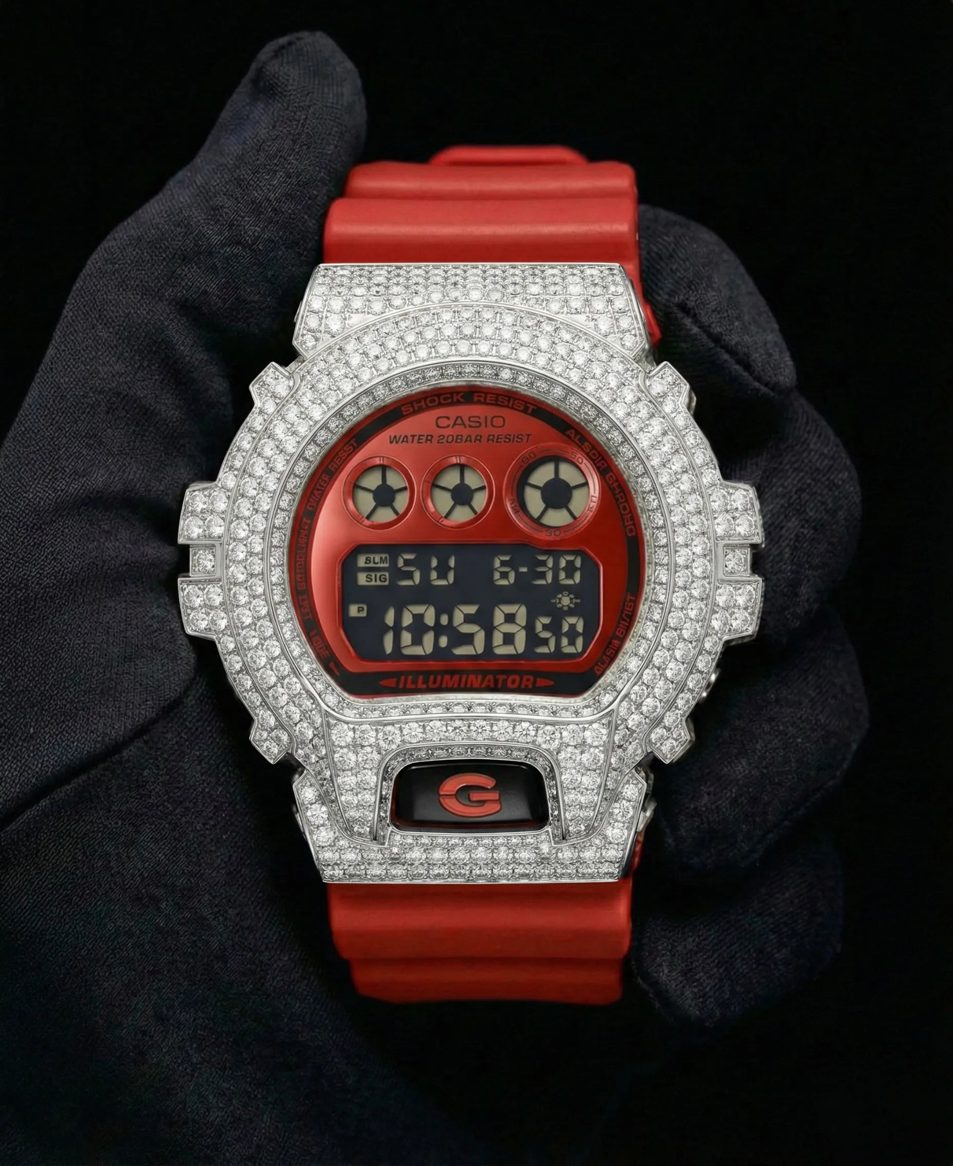 Retaliate Gshock mod iced out with vvs1 diamond bezel in red, custom build, front view
