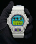Retaliate Diamond gshock mod iced out with vvs1 stones in white with blue, green and purple details, front view