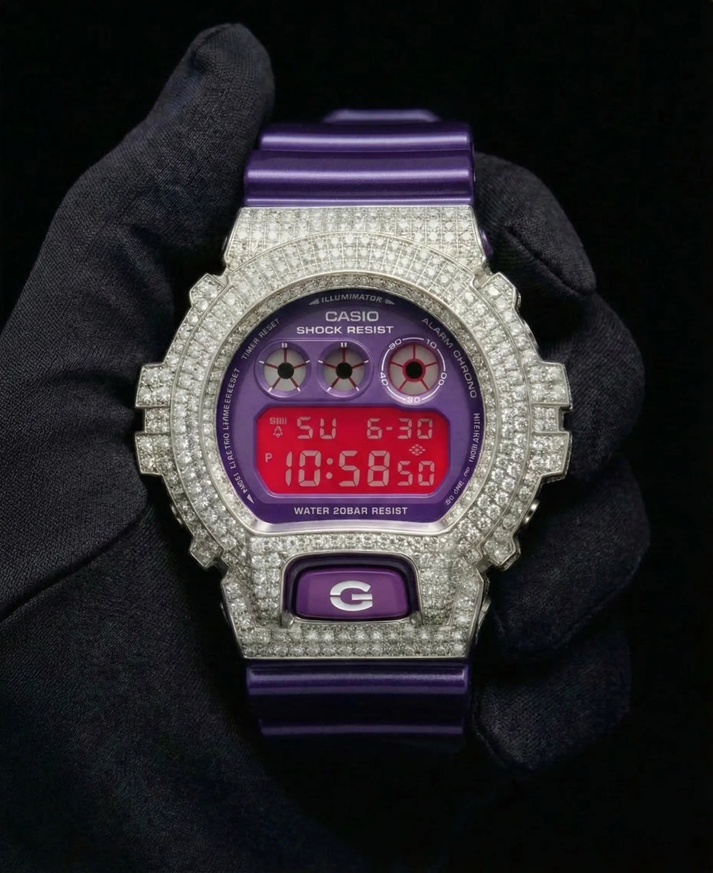 Retaliate Gshock mod iced out with vvs1 diamond bezel in purple, front view