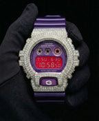 Retaliate Gshock mod iced out with vvs1 diamond bezel in purple, front view
