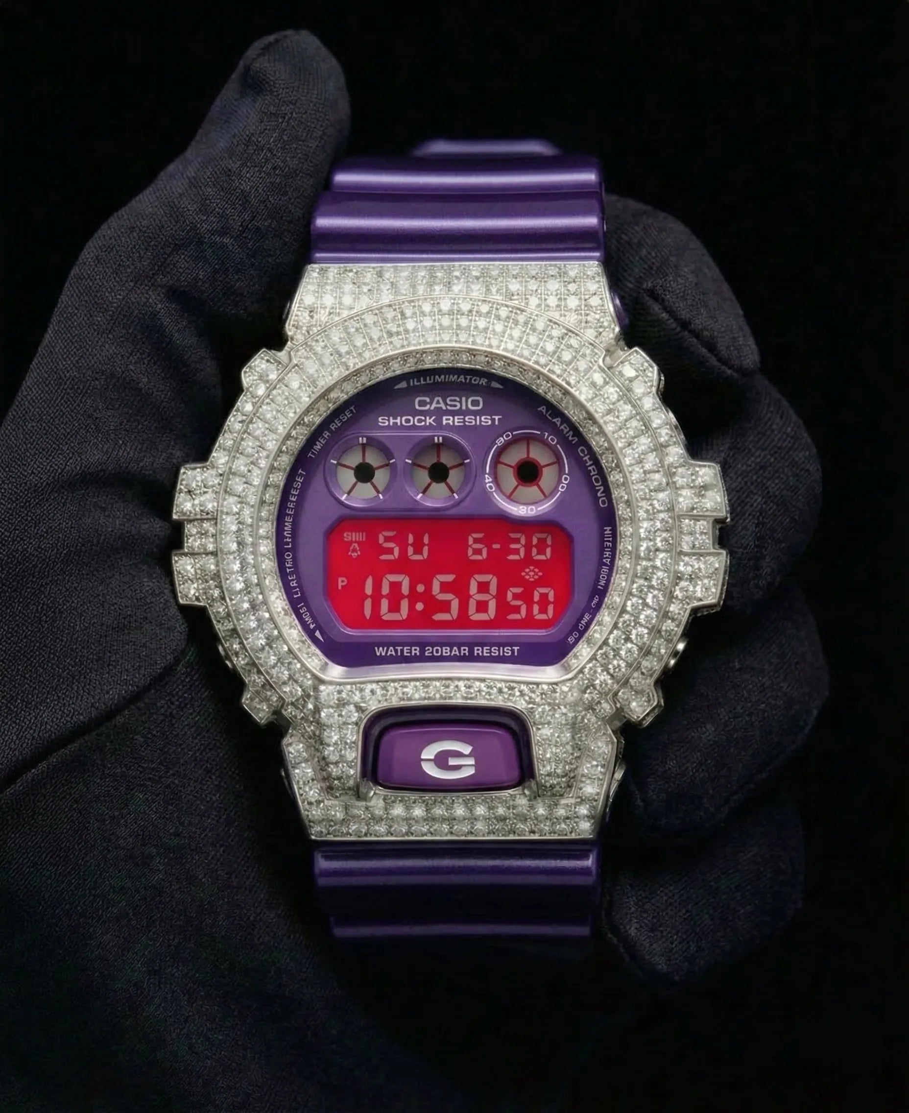 Retaliate Gshock mod iced out with vvs1 diamond bezel in purple, front view
