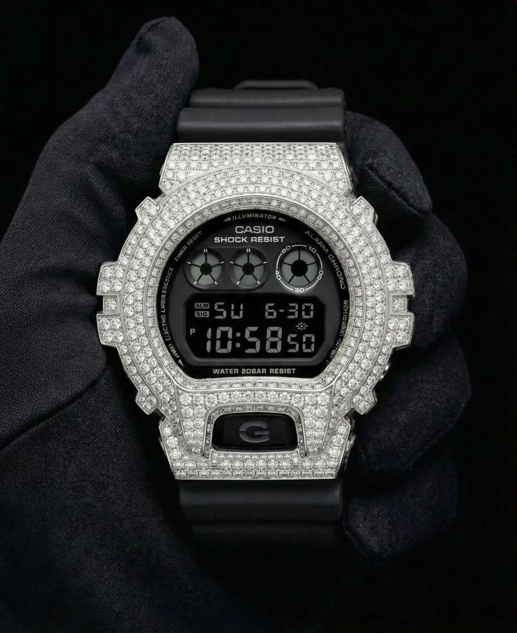 Retaliate Gshock mod iced out with vvs1 diamond bezel in full black, custom build, front view