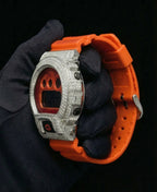 Retaliate iced out gshock watch mod orange and black band, vvs1 diamond-studded bezel, side view