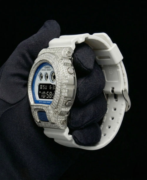 Retaliate Diamond gshock mod iced out with vvs1 stones in white with blue and black details, side view