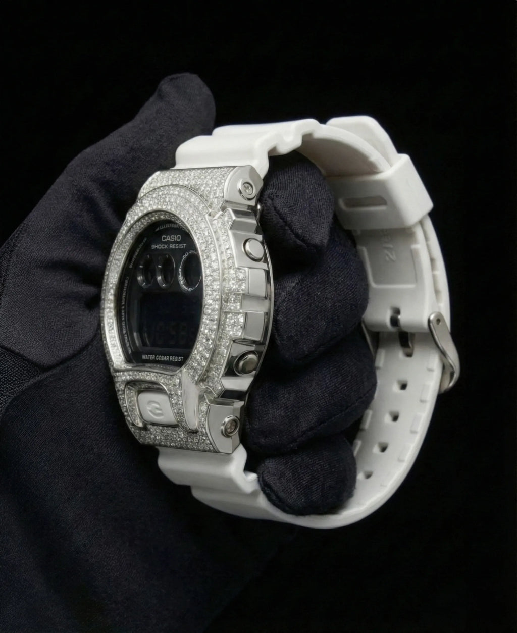 Retaliate iced out gshock watch mod white and black band, vvs1 diamond-studded bezel, side view