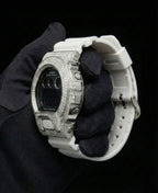 Retaliate iced out gshock watch mod white and black band, vvs1 diamond-studded bezel, side view