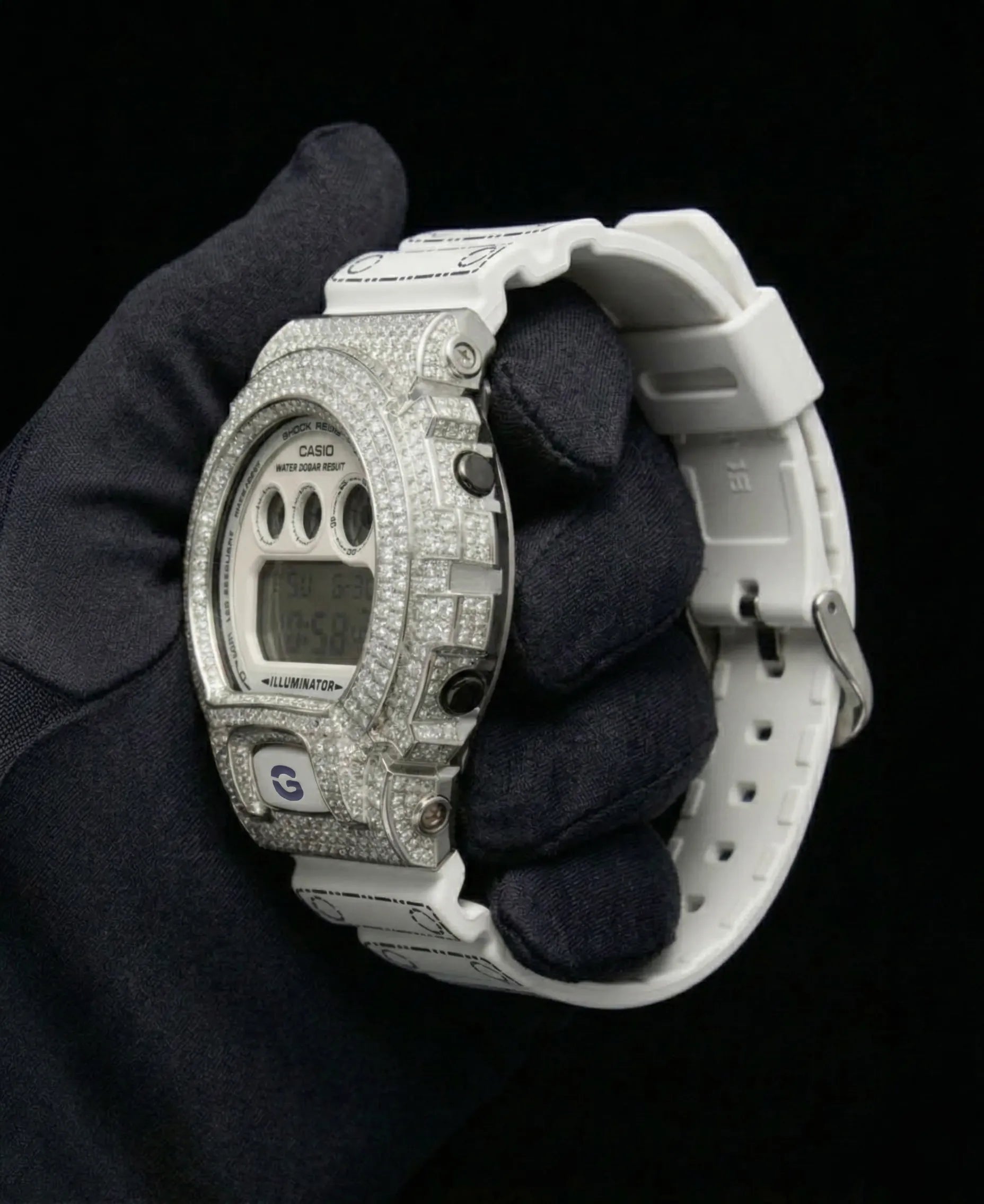 Retaliate Gshock mod iced out with vvs1 diamond bezel in white and black, origami edition, side view