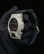 Retaliate Diamond gshock mod iced out with vvs1 stones in black with red details, side view