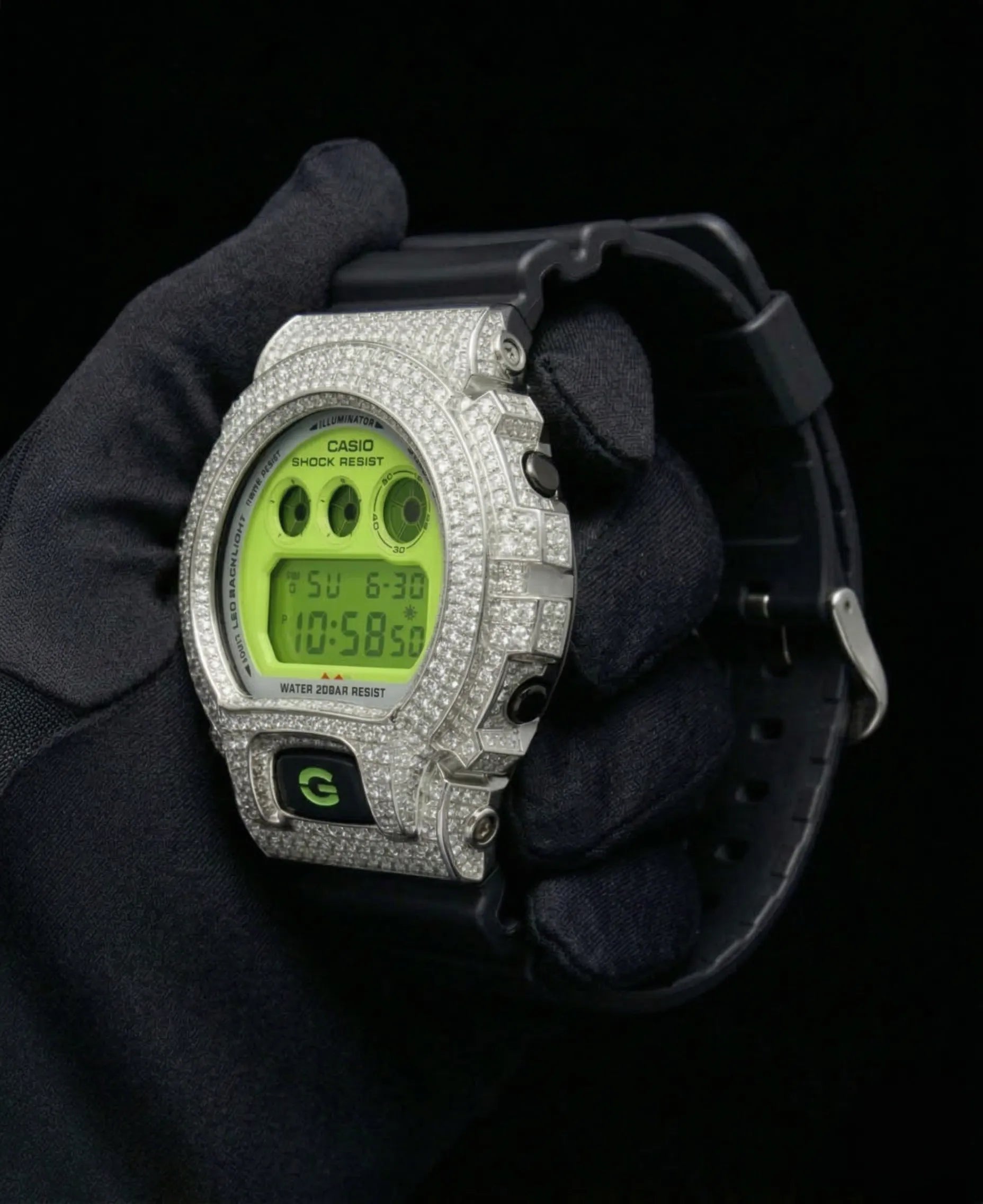 Retaliate Gshock mod iced out with vvs1 diamond bezel in black and green, custom build, side view