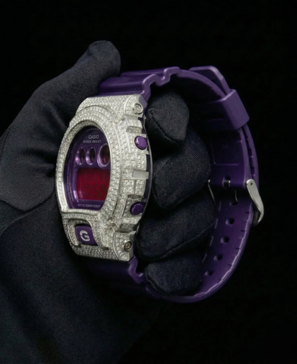 Retaliate Gshock mod iced out with vvs1 diamond bezel in purple, side view