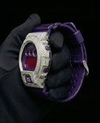 Retaliate Gshock mod iced out with vvs1 diamond bezel in purple, side view