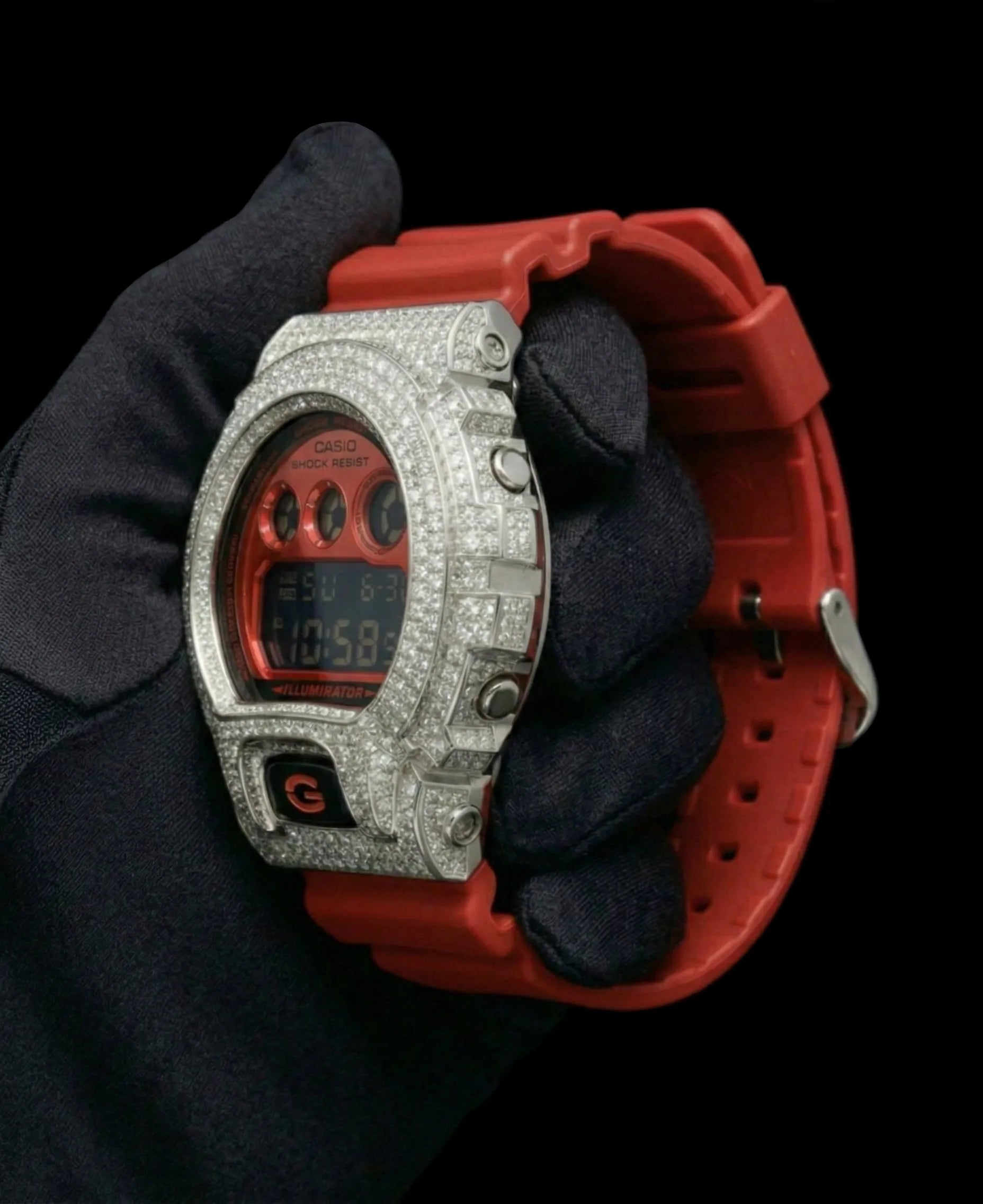 Retaliate Gshock mod iced out with vvs1 diamond bezel in red, custom build, side view