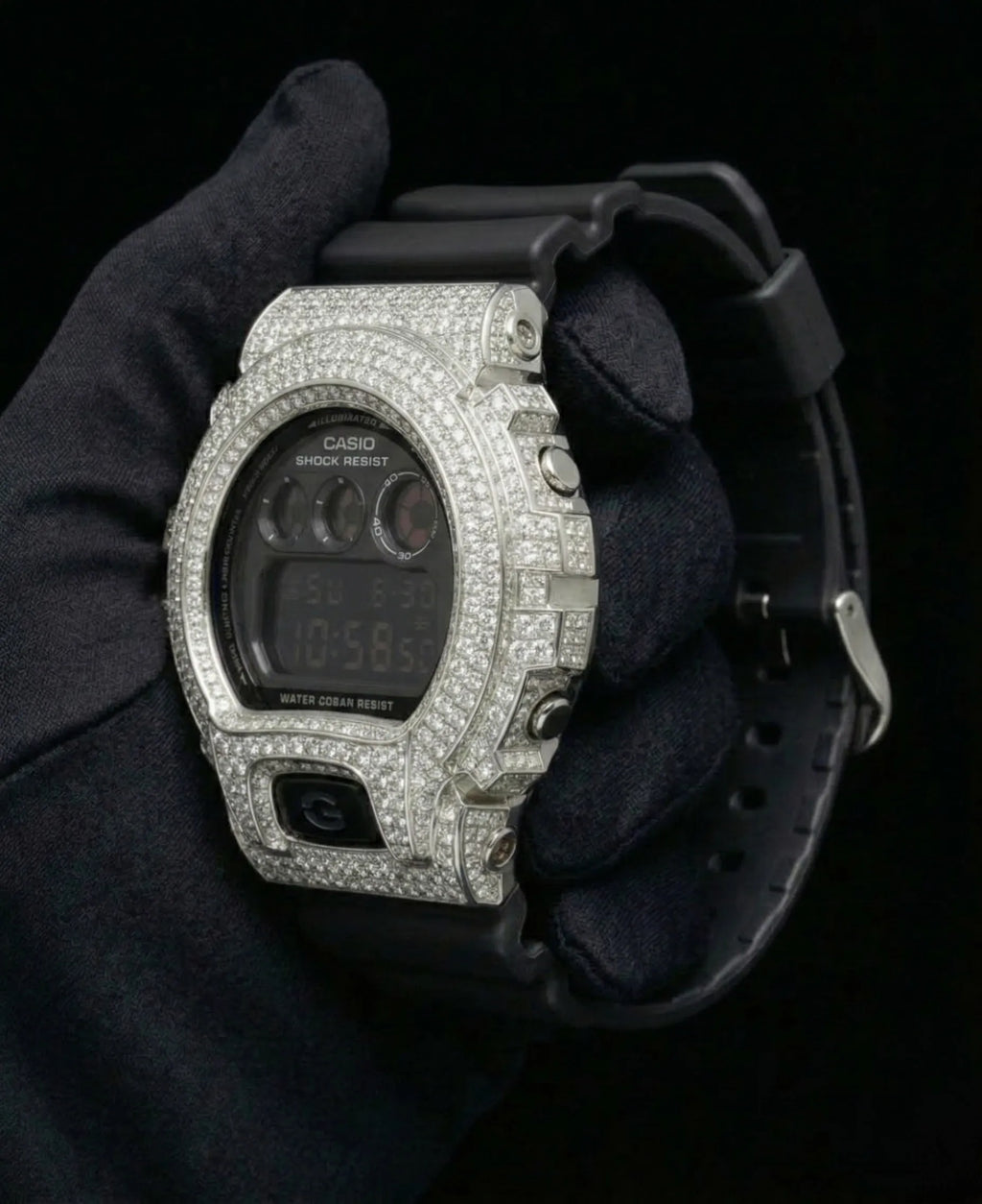 Retaliate Gshock mod iced out with vvs1 diamond bezel in full black, custom build, front view