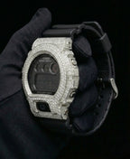 Retaliate Gshock mod iced out with vvs1 diamond bezel in full black, custom build, front view