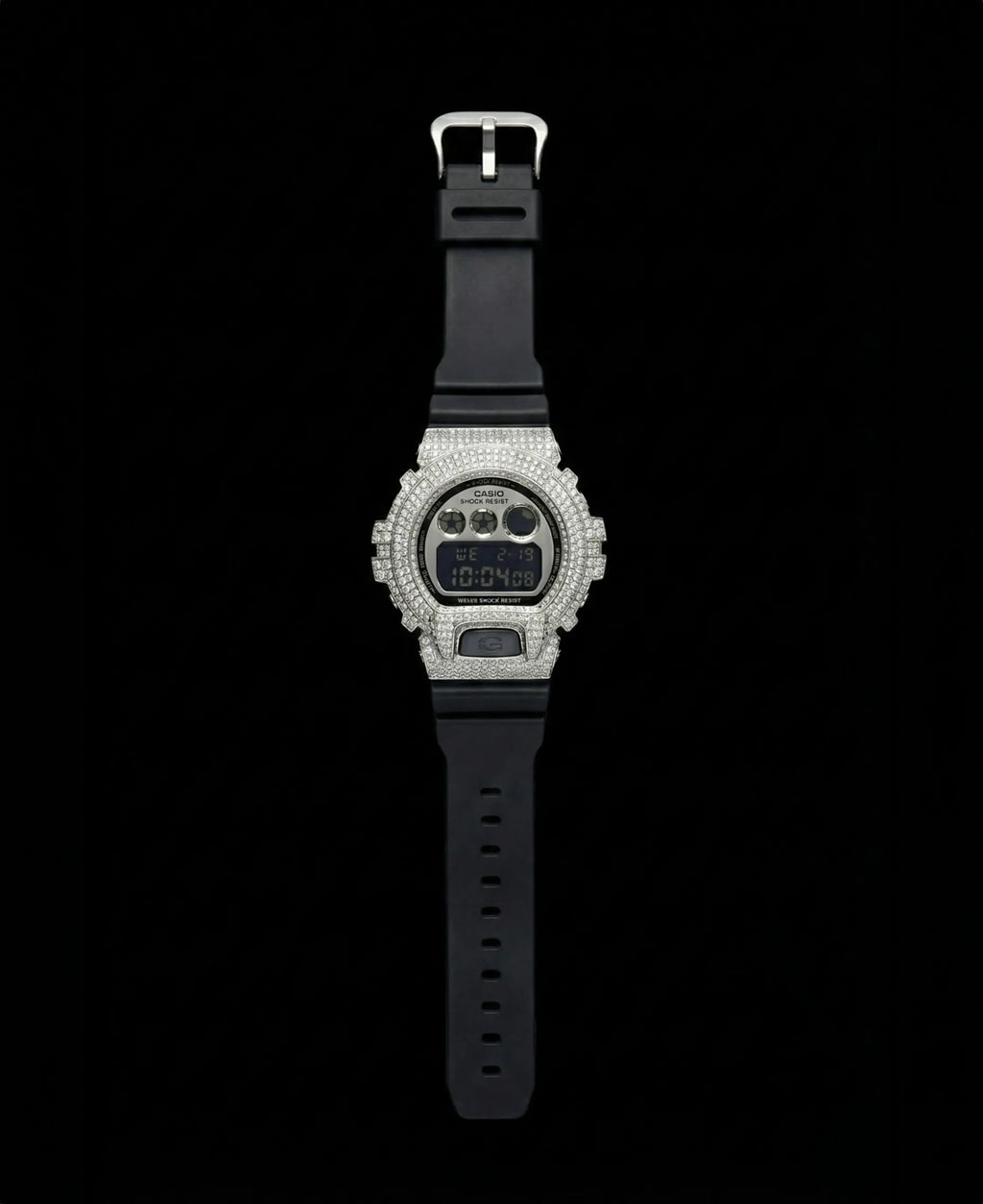 Retaliate iced out gshock mod with vvs1 diamonds in black and silver with black band, full view.