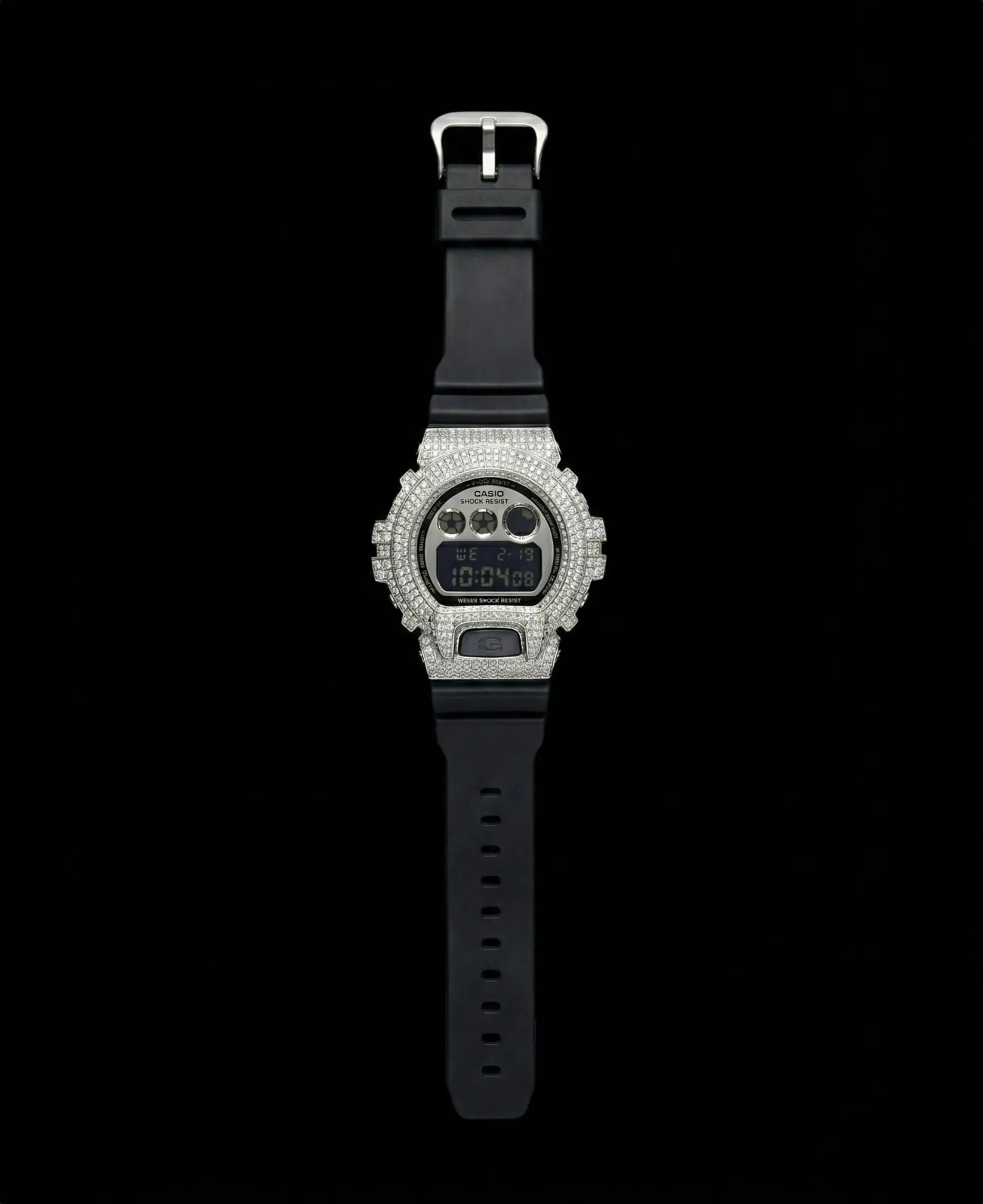 Retaliate iced out gshock mod with vvs1 diamonds in black and silver with black band, full view.