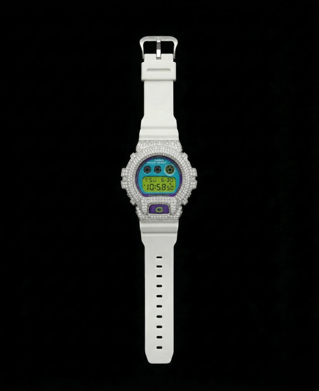 Retaliate Diamond gshock mod iced out with vvs1 stones in white with blue, green and purple details, full view