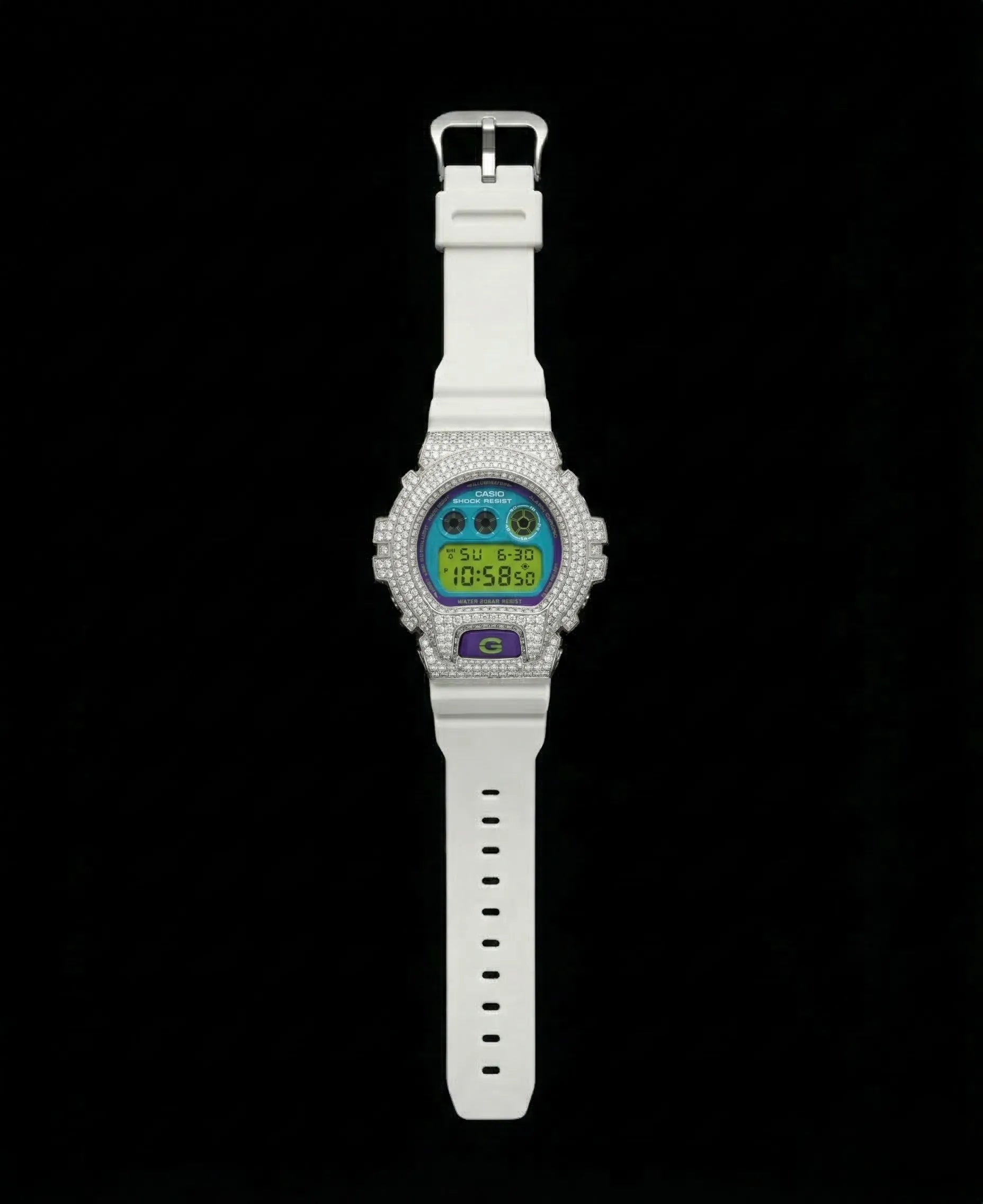 Retaliate Diamond gshock mod iced out with vvs1 stones in white with blue, green and purple details, full view