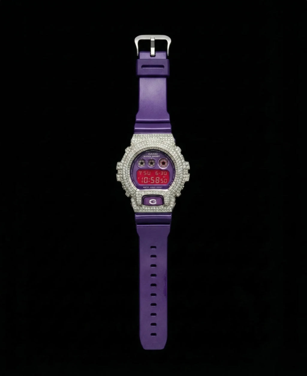 Retaliate Gshock mod iced out with vvs1 diamond bezel in purple, full view