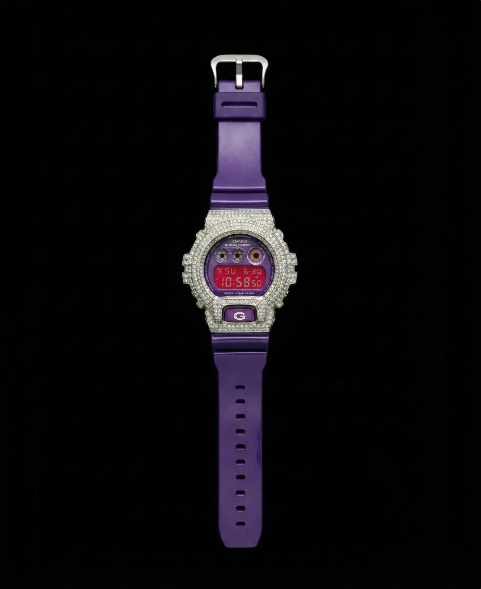 Retaliate Gshock mod iced out with vvs1 diamond bezel in purple, full view