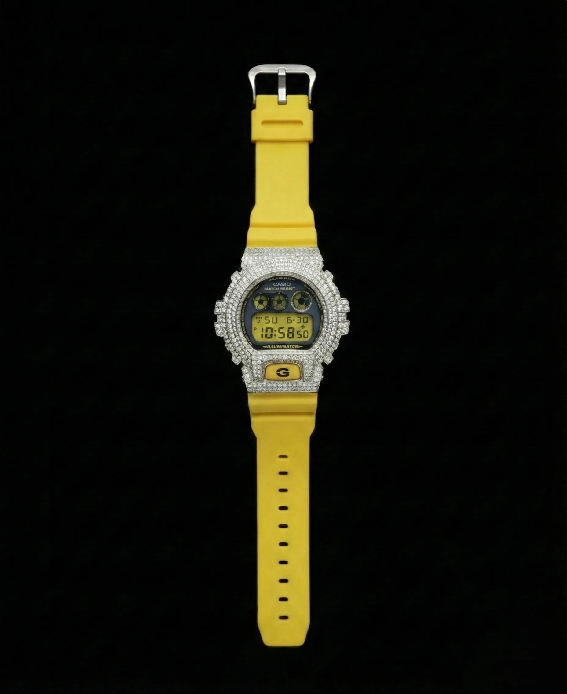 Retaliate iced out gshock watch mod with yellow band and vvs1 diamond-studded bezel, full view
