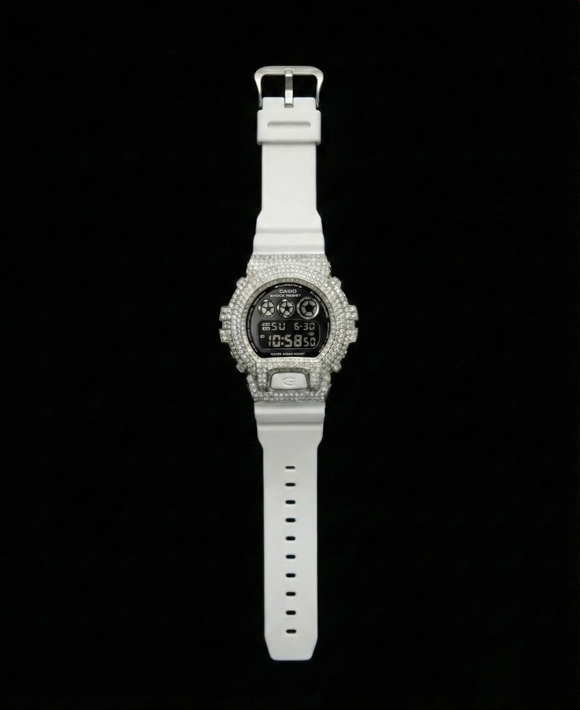 Retaliate iced out gshock watch mod white and black band, vvs1 diamond-studded bezel, full view