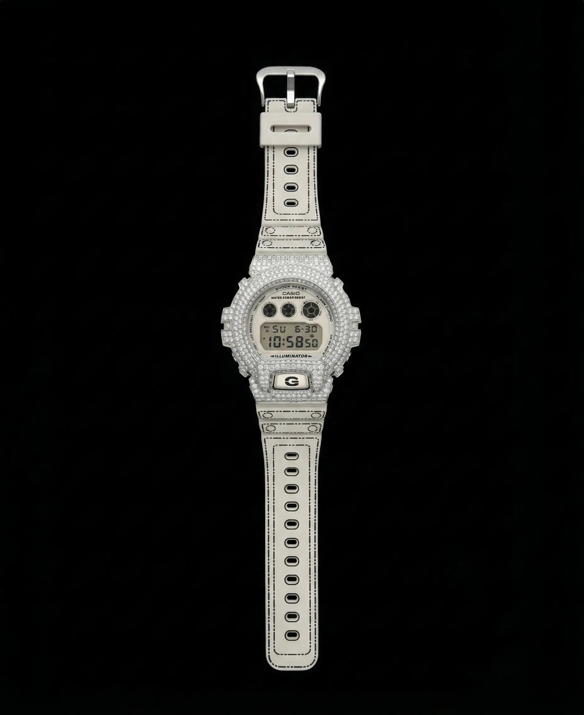 Retaliate Gshock mod iced out with vvs1 diamond bezel in white and black, origami edition, full view